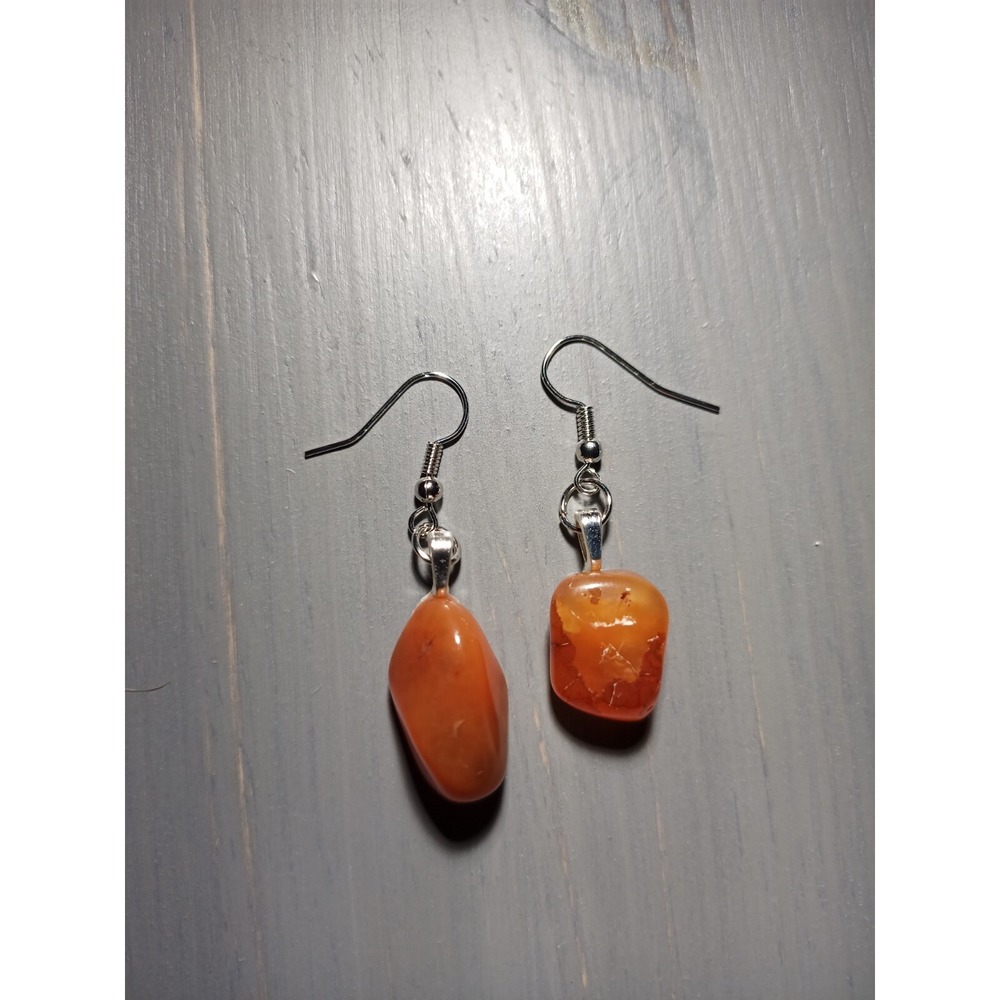 Natural Carnelian Agate Tumbled Stone Drop Earrings Nickel Free Orange Boho